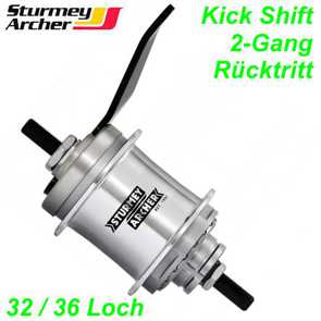 2-Gang Nabe Sturmey Archer Kick Shift 32/36 Loch silber mit Rücktrittbremse Fhrrad Velo Bike Ersatzteile